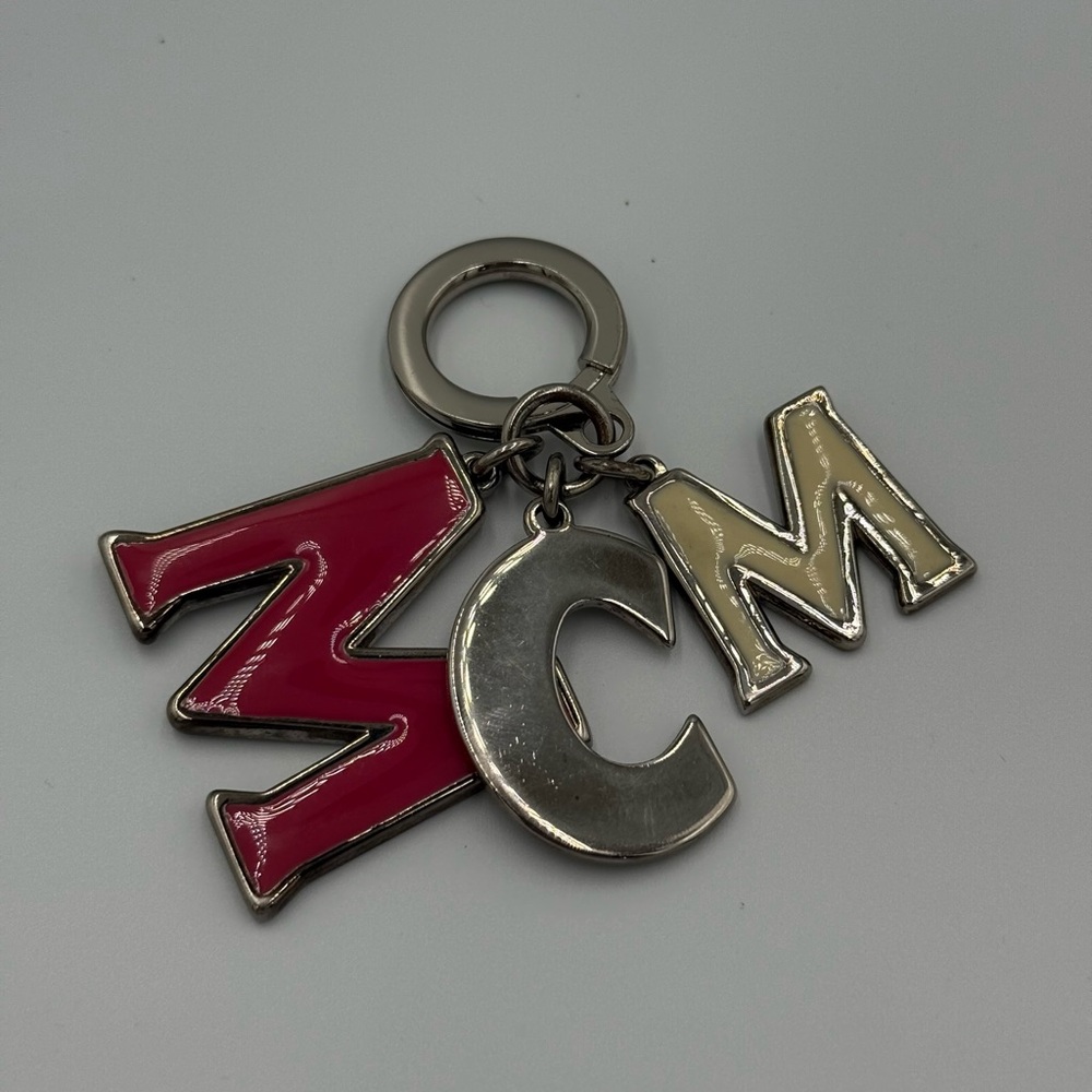 MCM Enamel Bag Charm Keychain with Pink, Silver & Cream Initials